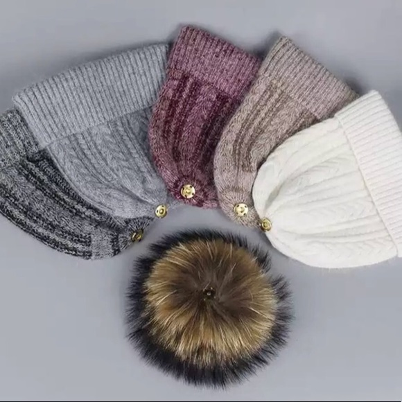 Wine Angora Fur Pompom Cable Knit Beanie - Picture 3 of 5